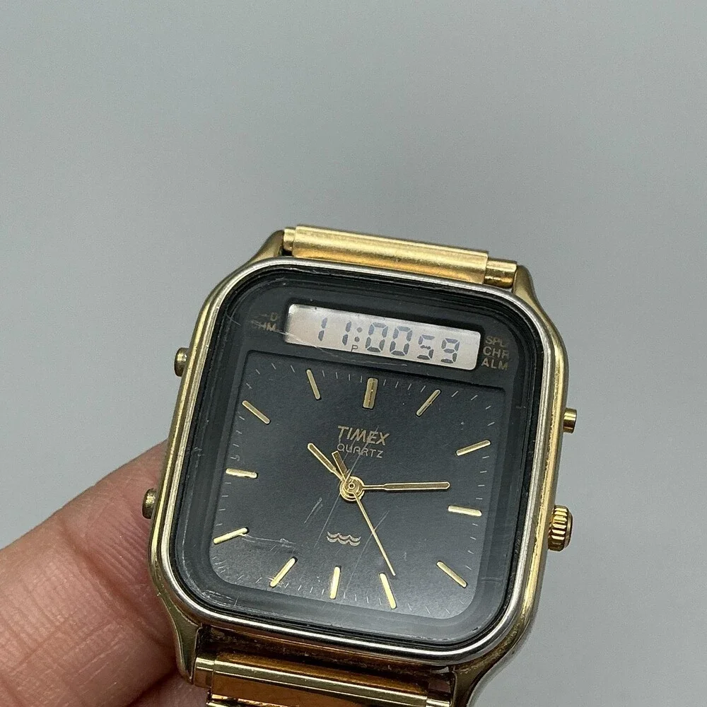 Vtg Timex Mens Watch 31mm Black Dial Gold Tone Ana Digi Alarm Chrono New Battery